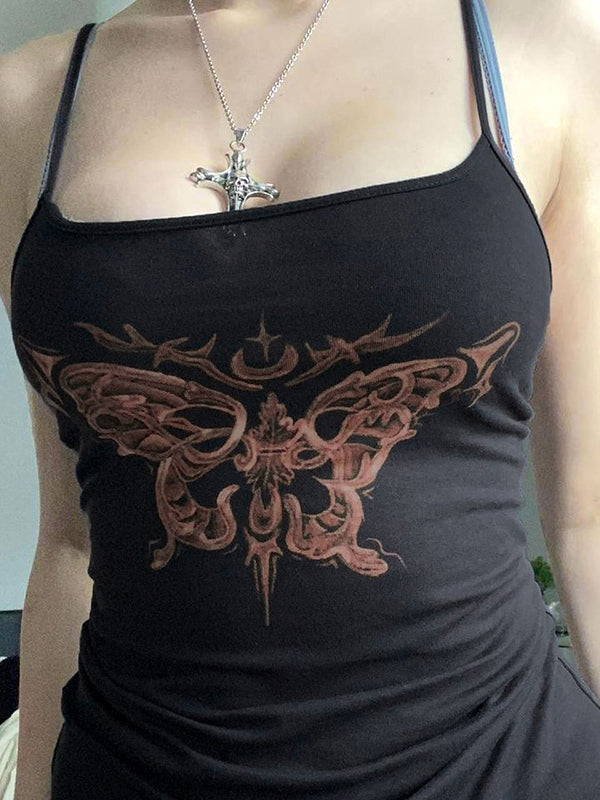 Black Y2K Butterfly Print Slim Fit Cami Top