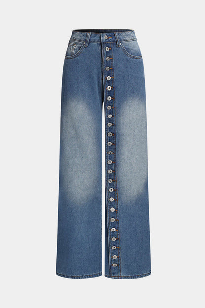 Light wash blue vintage denim high waisted straight leg jeans with button closure 