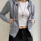 Grey Vintage Ribbed Zipper Drawstring Long Sleeve Hoodie