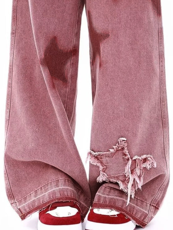 Pink hip hop boyfriend jeans with star pattern embroidery