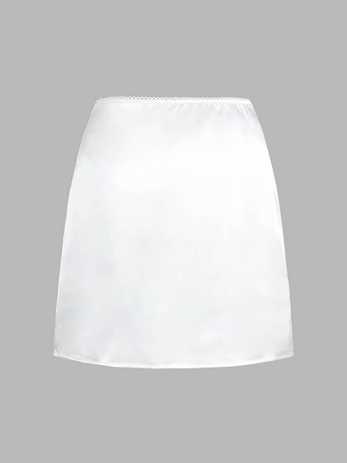 White French Lace Trim Satin Skirt Set