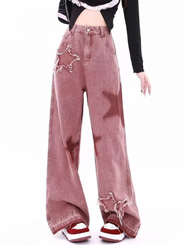 Pink hip hop boyfriend jeans with star pattern embroidery