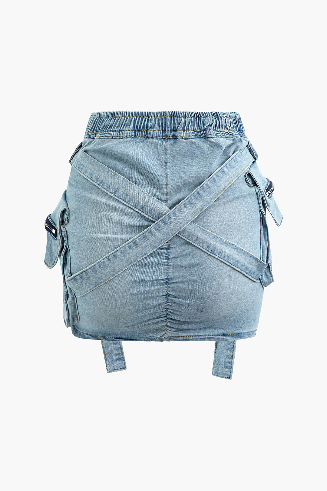 Blue V-Waist Denim Cargo Skirt with Buckle Flap Pockets 