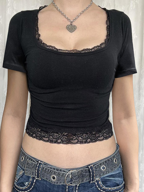 Short sleeve crop top with square neckline and lace inserts 