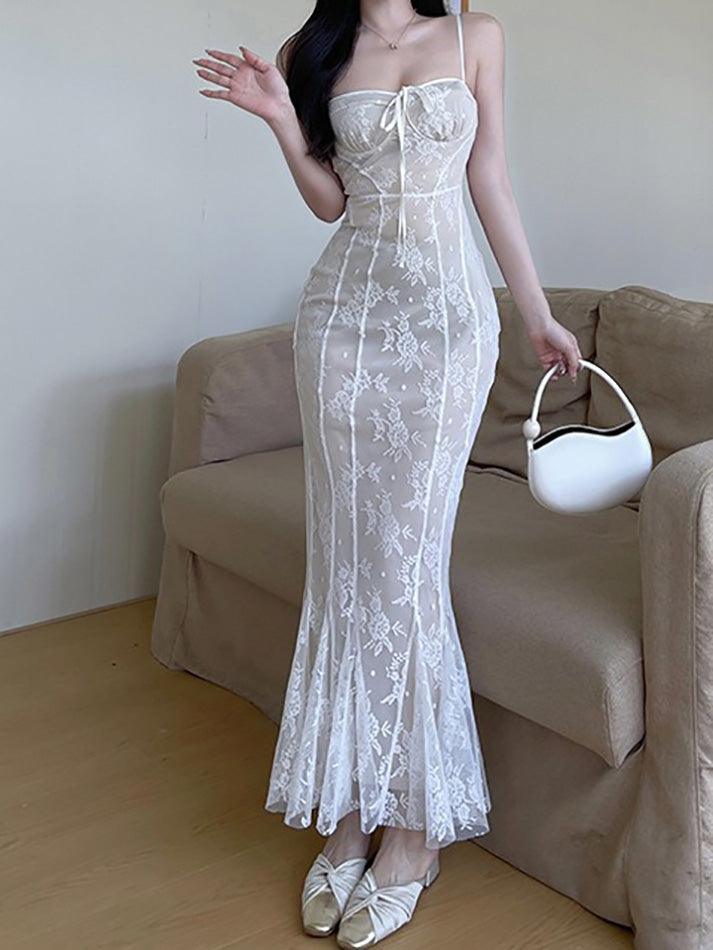 Lace Tie Slim Fishtail Maxi Dress