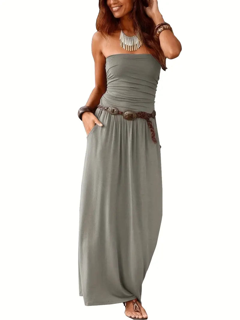 Vintage Solid Versatile Strapless Maxi Dress with Pockets