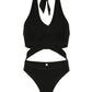 JY Black Sexy Halter Neck Tie Cutout Bodysuit / Black Sexy Halter Neck Tie Cutout Bodysuit