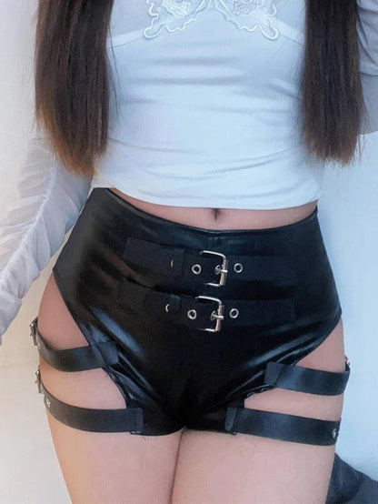 Black punk leather shorts with buckle