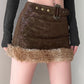 Brown vintage leather mini skirt with fuzzy hem splice and belt