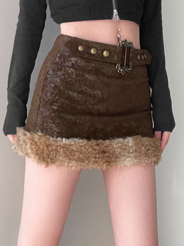 Brown vintage leather mini skirt with fuzzy hem splice and belt