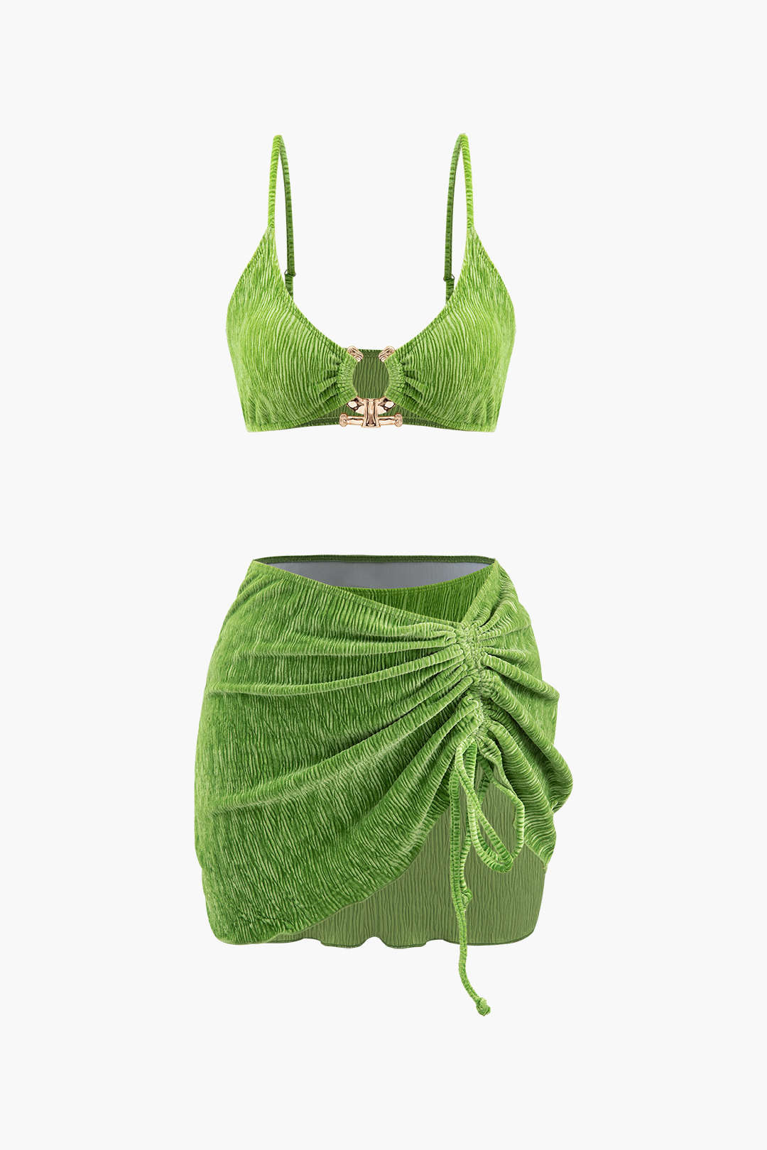 Velvet Texture U-Ring Bikini &amp; Sarong 3 Piece Set