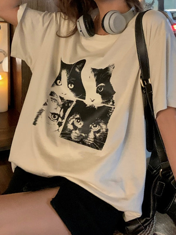 Vintage oversize T-shirt with short sleeves and cat print