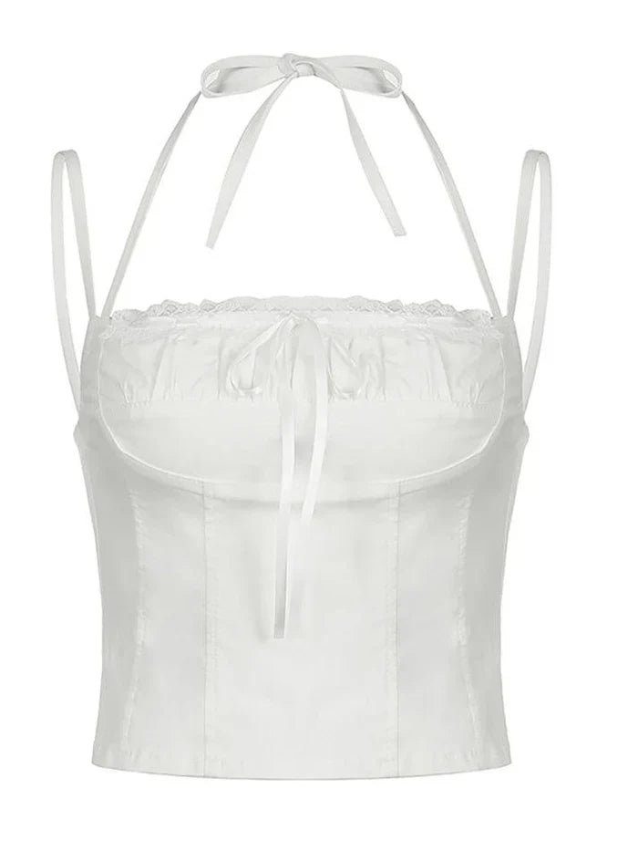 White Cute Lace Up Ruffle Bust Corset Cami Top