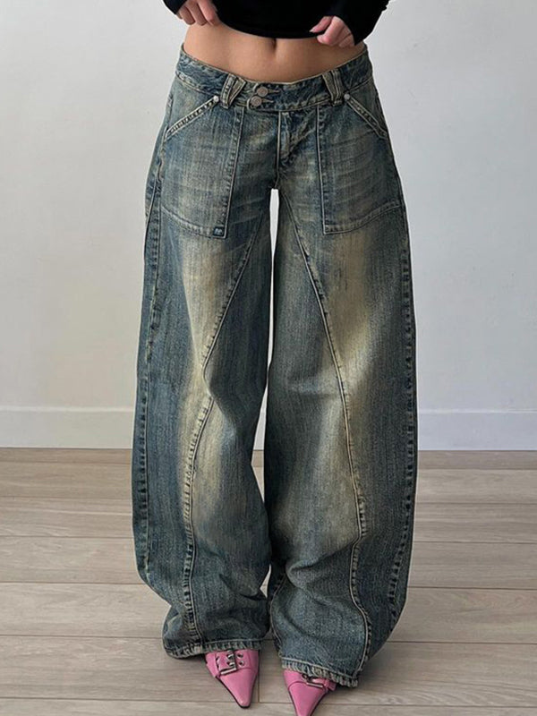 JY Punk Distressed Irregular Dividing Line Baggy Jeans/ Punk Ripped Asymmetric Dividing Line Baggy Jeans