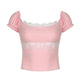 Pink Y2K Crop Top with Puff Sleeves and Lace Trim