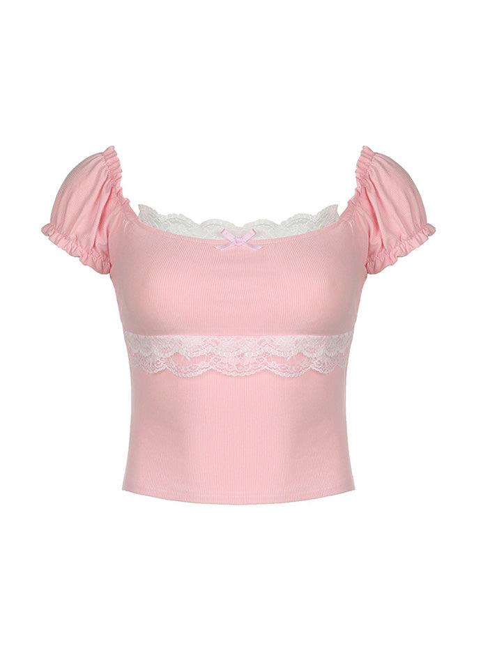 Pink Y2K Crop Top with Puff Sleeves and Lace Trim