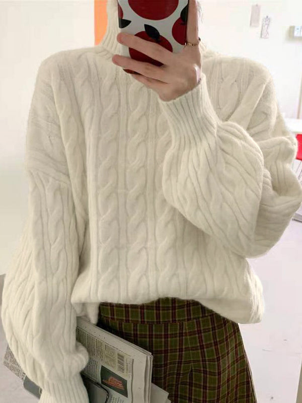 Y2K Solid Color High Collar Cable Knit Sweater 