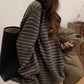 Y2K Coffee Colored Hooded Knit Sweater with Stripes and Lace-Up