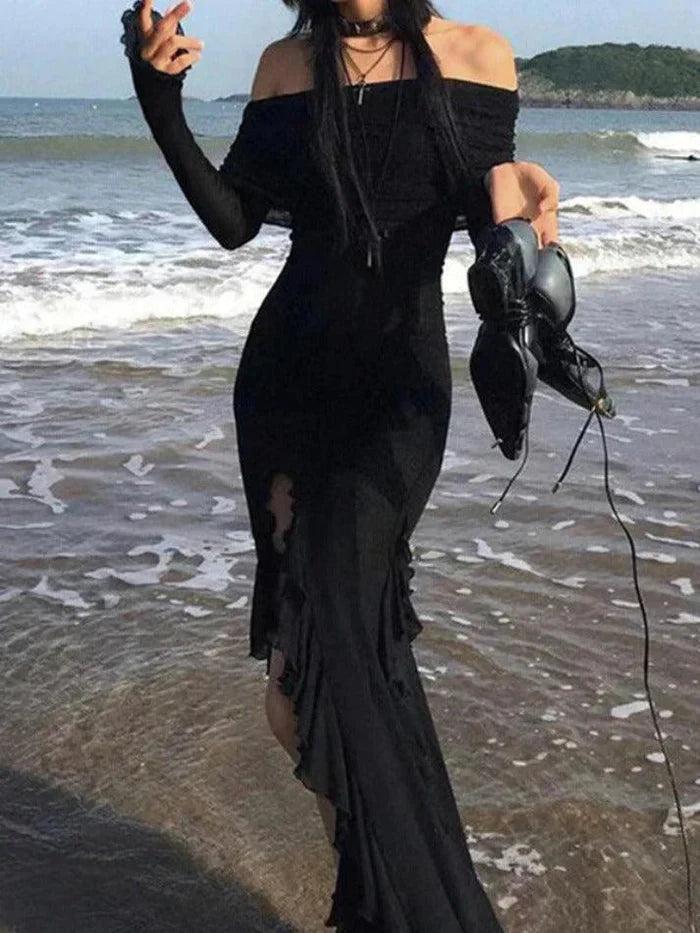 Black Punk Off Shoulder Ruffle Maxi Dress with High Slit