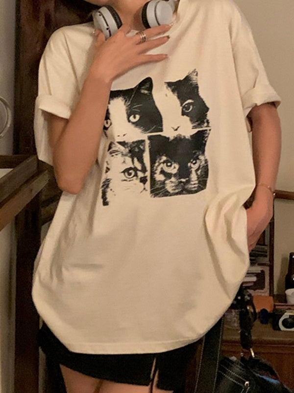 Vintage oversize T-shirt with short sleeves and cat print