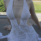 White Vintage Cutout Lace Plunge Neck Halter Dress with Irregular Hem