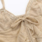 Beige Y2K Lace Ruffle Hem Knotted Knit Crop Top