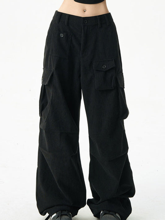 Black vintage corduroy cargo pants with multiple pockets