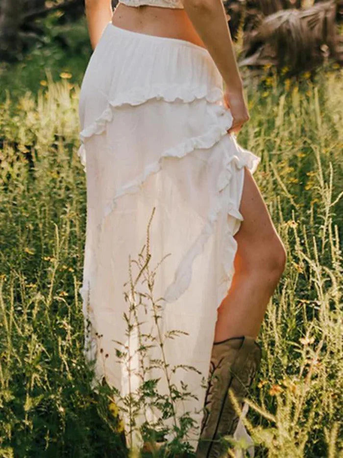 White Vintage Ruffle Slit Midi Skirt