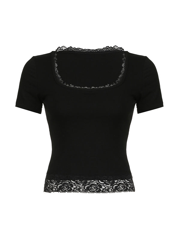 Short sleeve crop top with square neckline and lace inserts 