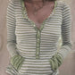 Green Vintage Striped Ribbed Knit Button Front Top