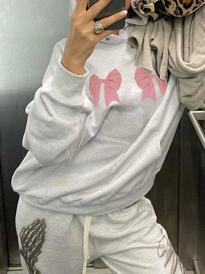 Grey Y2K oversized bow print drawstring hoodie