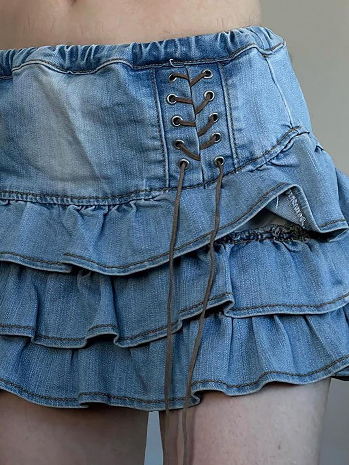 Blue Vintage Wrap High Rise Tiered Denim Mini Skirt