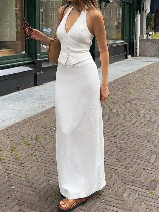 White Vintage V Neck Backless Tie Halter &amp; Split Maxi Skirt Set