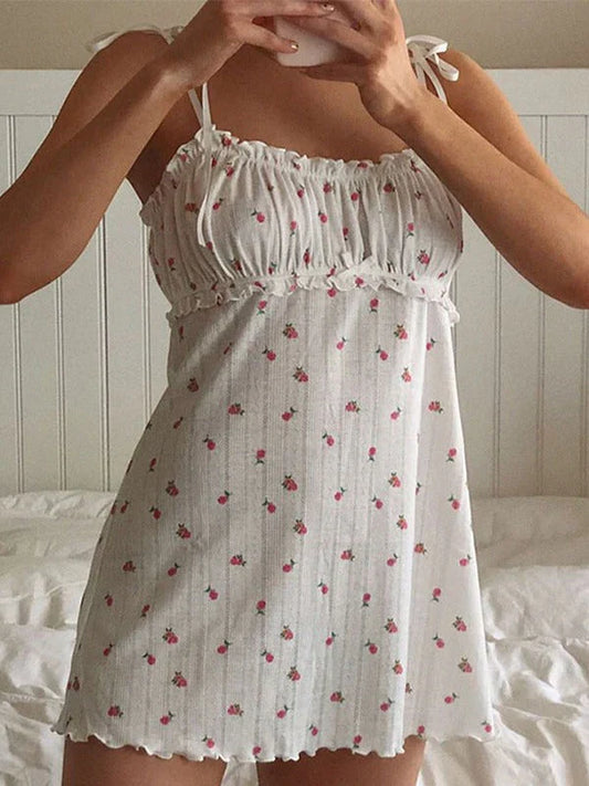 White Sweet Ruffle Trim Floral Print Strappy Dress