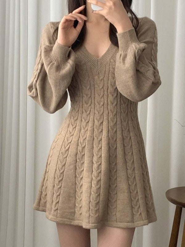 Solid Color Cute V-Neck Cable Knit Long Sleeve Mini Dress