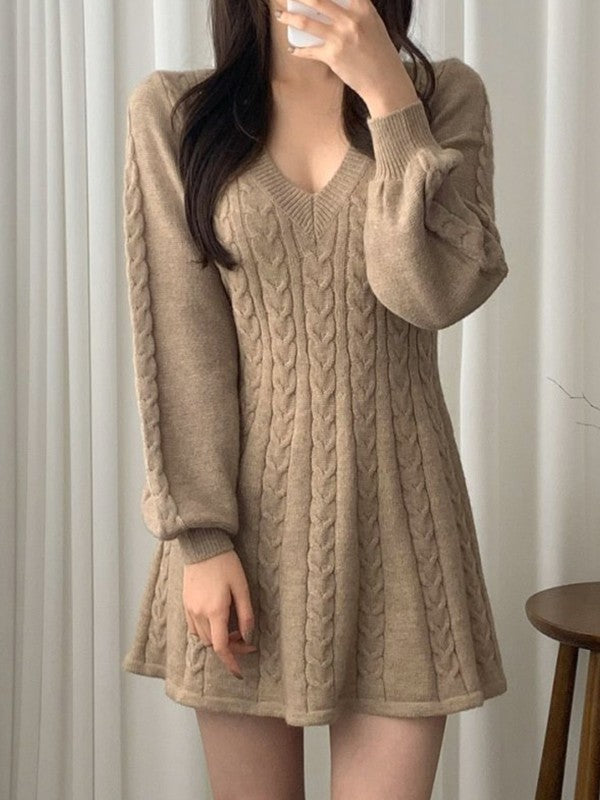 Solid Color Cute V-Neck Cable Knit Long Sleeve Mini Dress