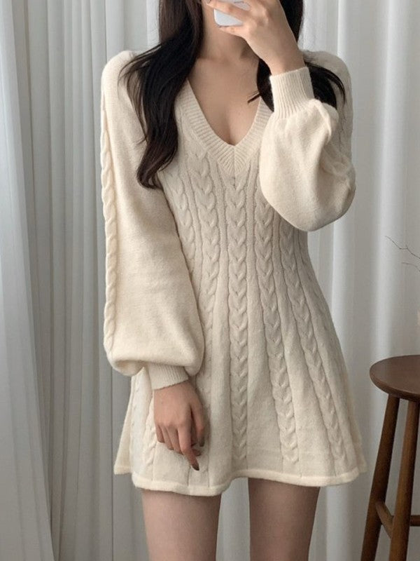 Solid Color Cute V-Neck Cable Knit Long Sleeve Mini Dress