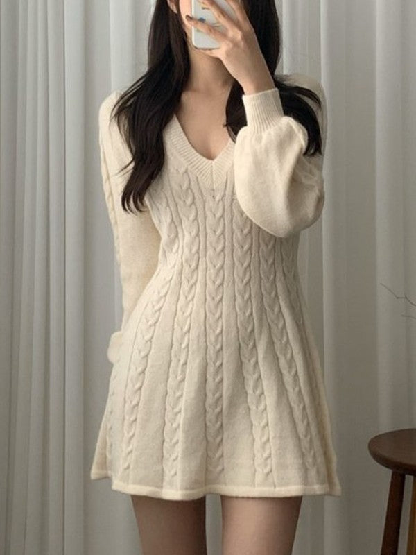 Solid Color Cute V-Neck Cable Knit Long Sleeve Mini Dress