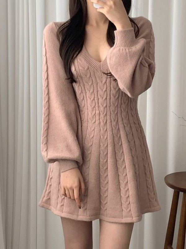 Solid Color Cute V-Neck Cable Knit Long Sleeve Mini Dress