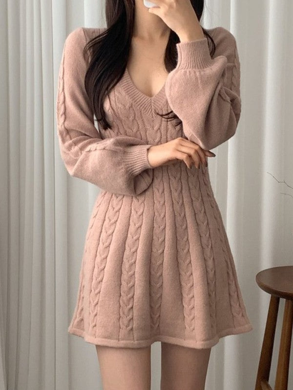 Solid Color Cute V-Neck Cable Knit Long Sleeve Mini Dress