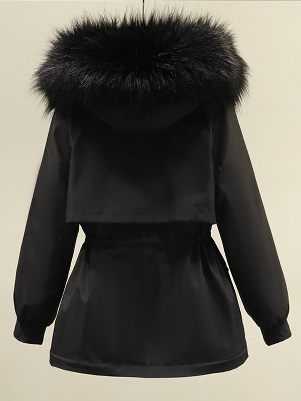 Classic black parka coat with hood and vegan fur