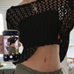 Black Sexy Hollow Crochet Top with Long Sleeves