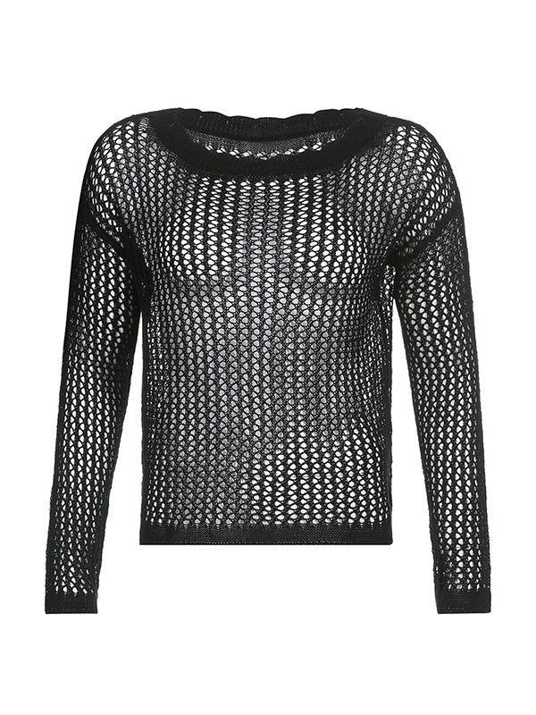 Black Sexy Hollow Crochet Top with Long Sleeves