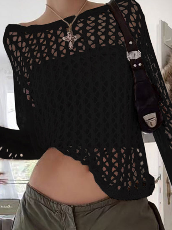 Black Sexy Hollow Crochet Top with Long Sleeves