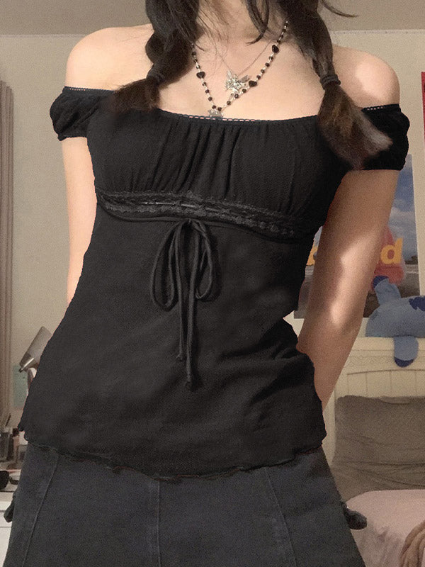 Black vintage lace trim scoop neck blouse