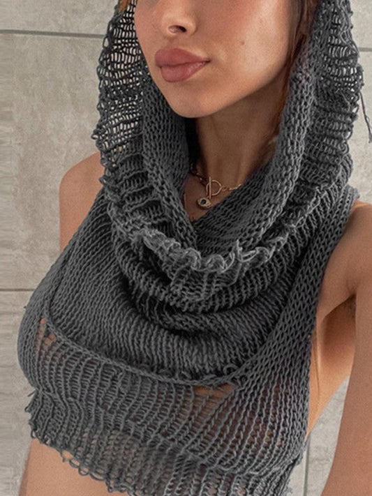 Punk Crochet Knit Tank Top with Hood