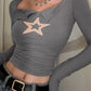 Grey Y2K Star Patch Long Sleeve Knit Crop Top