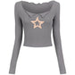 Grey Y2K Star Patch Long Sleeve Knit Crop Top