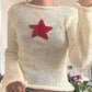 Vintage White Knitted Crochet Crop Top with Star Patch