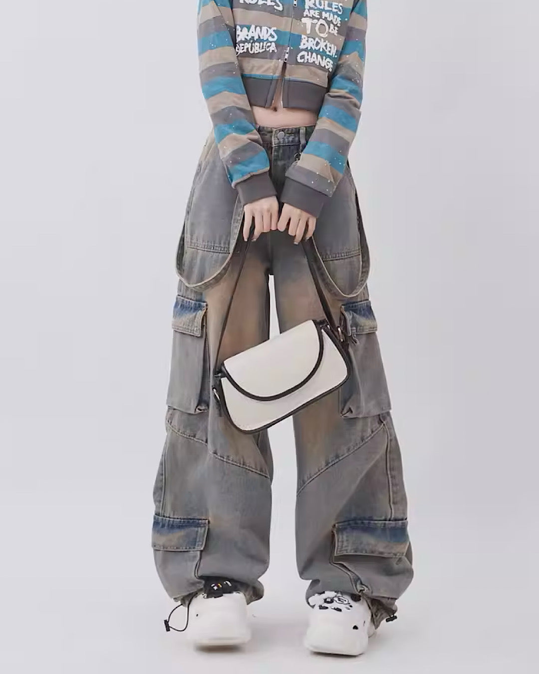 Hip Hop Mud Effect Washed Suspender Jeans